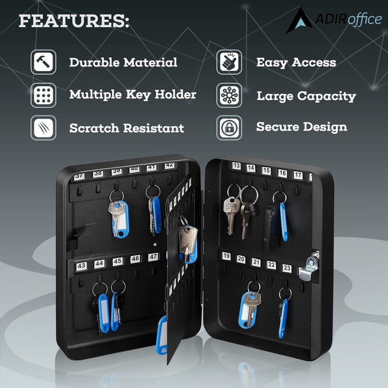 AdirOffice Key Lock Box â€“ 48 Key Hooks Wall Mounted Key Cabinet Lock Box, Car Keys Holder Box, Lockable Key Storage Box - Metal Key Box Organizer with for Home and Office - Image 4
